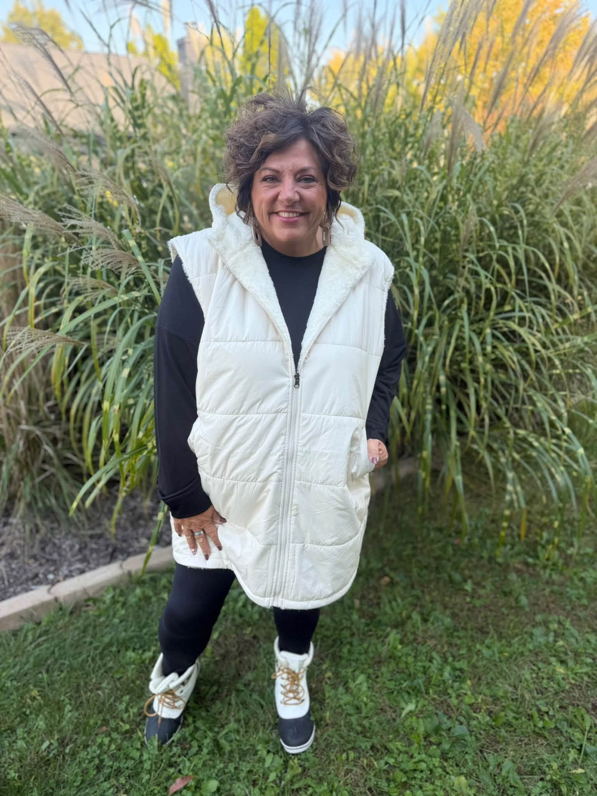 LuLaRoe Alta Solid Soft Ivory reversible puffer vest, product and styling photo 4