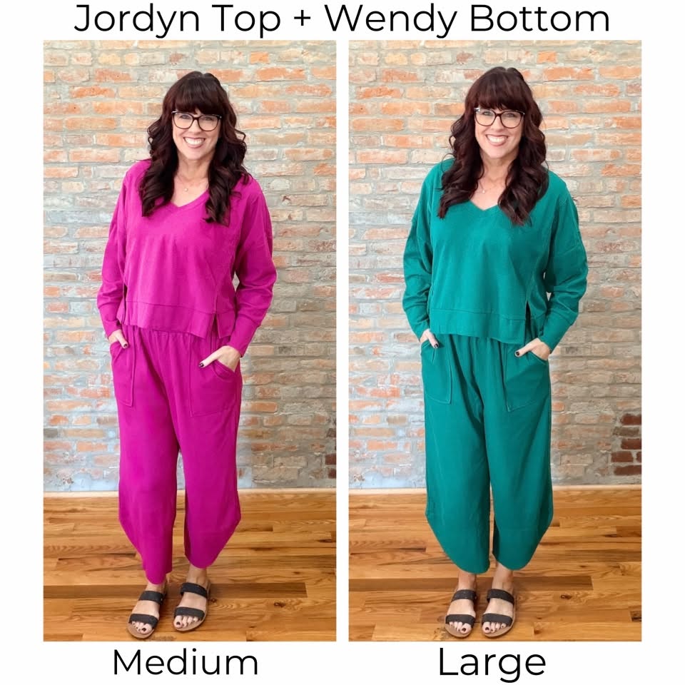 LuLaRoe Jordyn V-Neck Thermal and Wendy Easy Barrel Pull-On Pant fit comparison