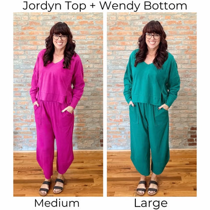 LuLaRoe Jordyn V-Neck Thermal and Wendy Easy Barrel Pull-On Pant fit comparison