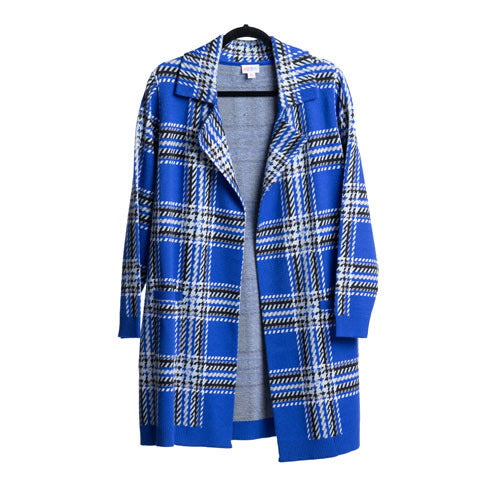 Blue plaid Laura lapel open cardigan with front patch pockets and relaxed open-front fit on hanger on a white background