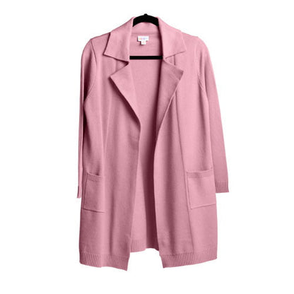 Solid blush rose pink Laura lapel open cardigan with front patch pockets and relaxed open-front fit against a white background