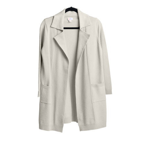 Solid dawn blue gray Laura lapel open cardigan with relaxed open-front fit and front patch pockets on a white background