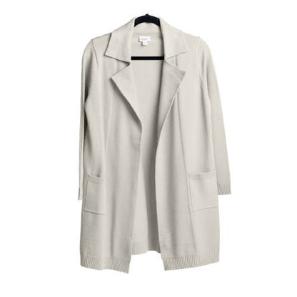 Solid dawn blue gray Laura lapel open cardigan with relaxed open-front fit and front patch pockets on a white background