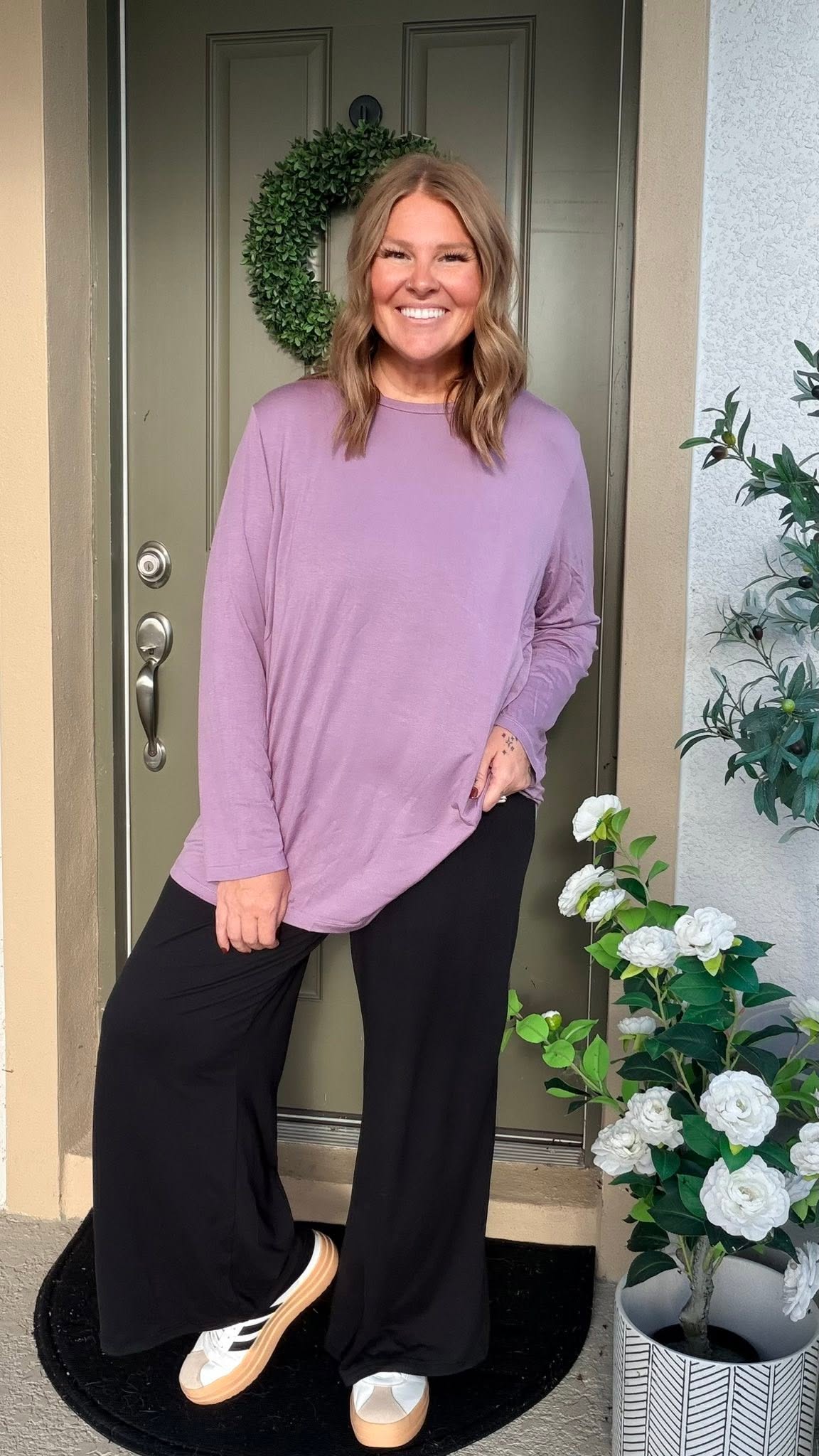 LuLaRoe Sharon Long Sleeve Top - Solid Soft Lavender - styled outfit photo