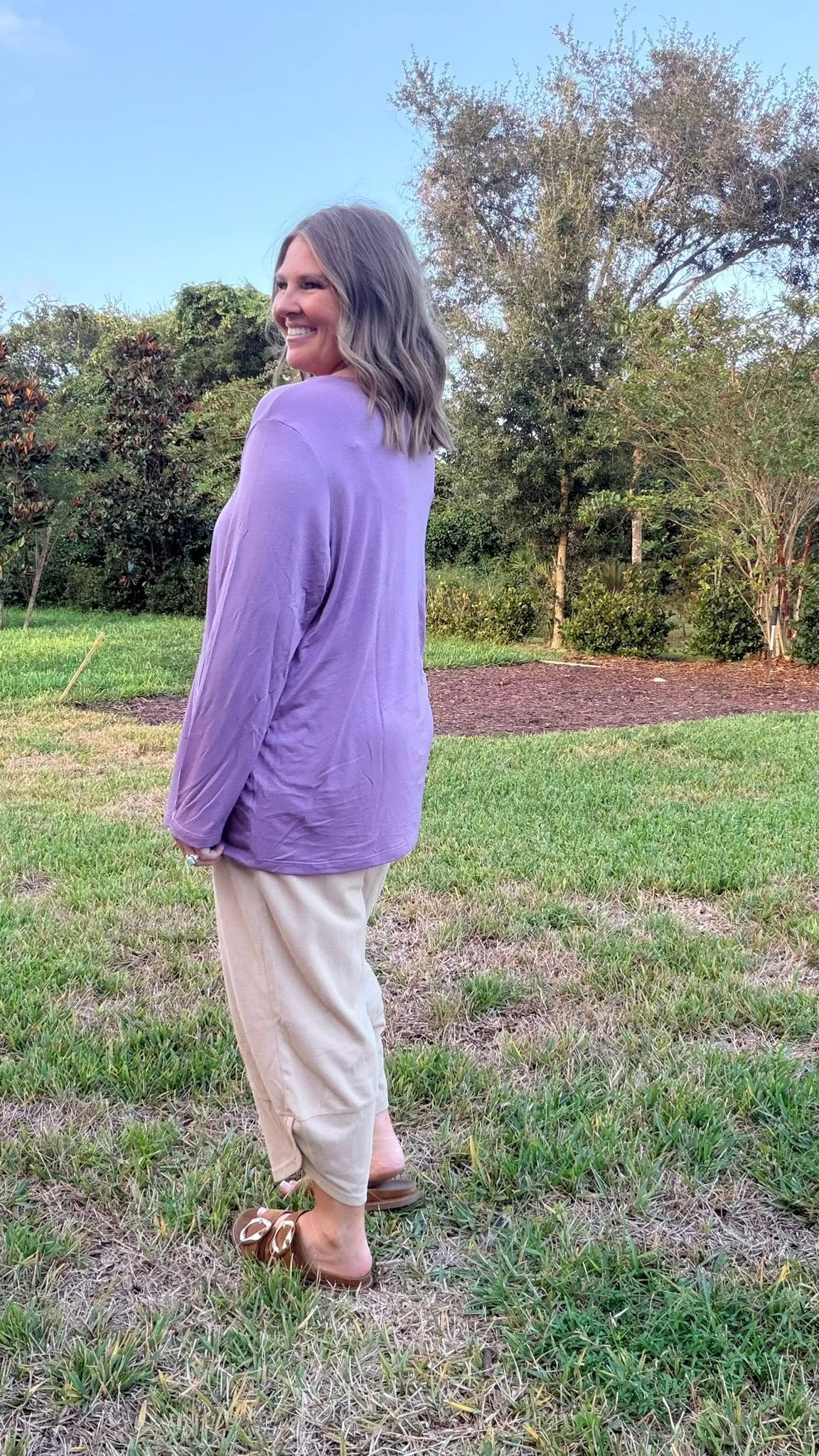 LuLaRoe Sharon Long Sleeve Top - Solid Soft Lavender - styled outfit photo