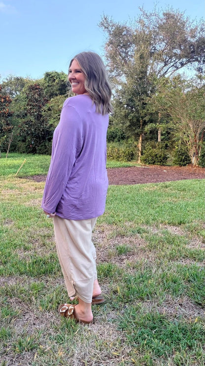 LuLaRoe Sharon Long Sleeve Top - Solid Soft Lavender - styled outfit photo