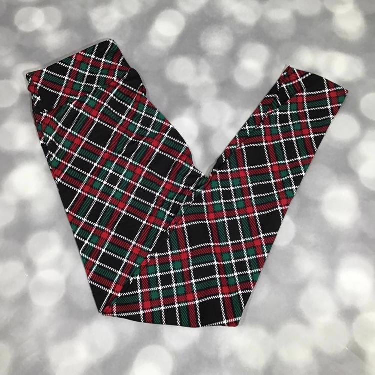 LuLaRoe black leggings with red, green, and white plaid Christmas tartan design in buttery-soft Brushed DTY fabric