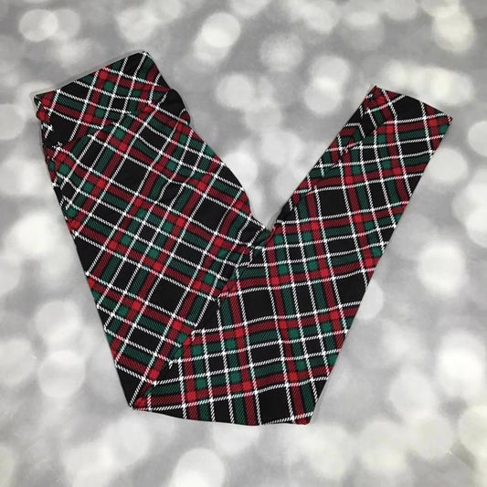 LuLaRoe black leggings with red, green, and white plaid Christmas tartan design in buttery-soft Brushed DTY fabric