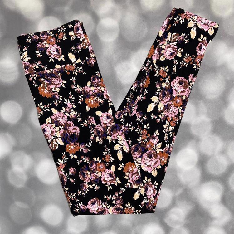 LuLaRoe black leggings with mauve, plum, and beige floral clusters in buttery-soft Brushed DTY fabric