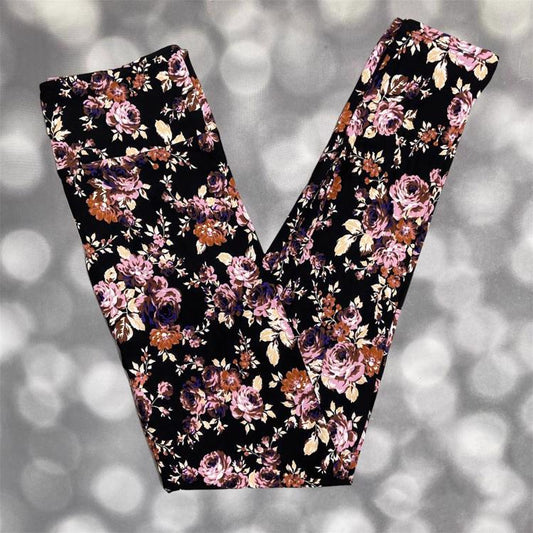 LuLaRoe black leggings with mauve, plum, and beige floral clusters in buttery-soft Brushed DTY fabric