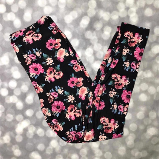 LuLaRoe black leggings with pink floral print and green leafy accents in buttery-soft Brushed DTY fabric