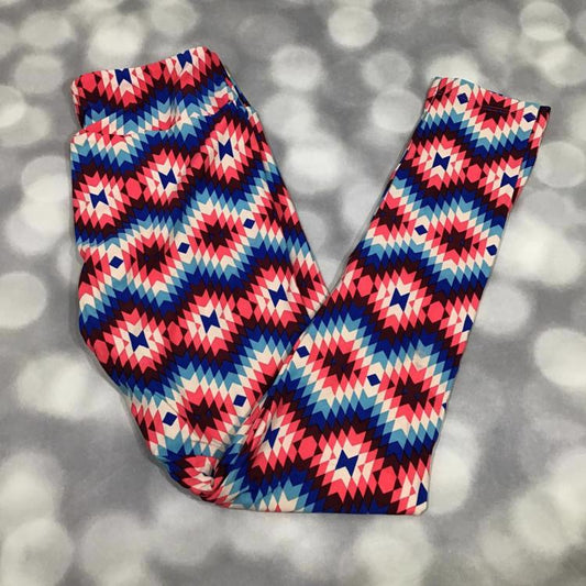 LuLaRoe leggings with geometric diamond pattern in red, blue, aqua, and white on buttery-soft Brushed DTY fabric