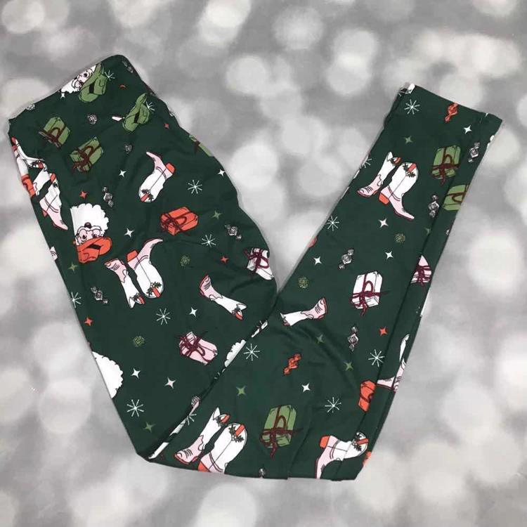 LuLaRoe green leggings with cowboy Santa, gifts, candy, and stars in buttery-soft Brushed DTY fabric