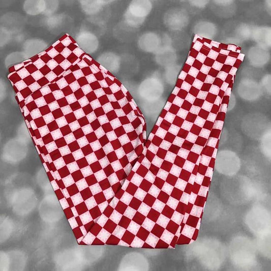 LuLaRoe leggings with pink and red checkered pattern and subtle snowflake accents in buttery-soft Brushed DTY fabric