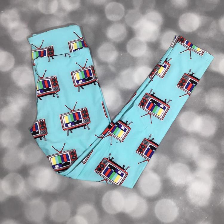 LuLaRoe aqua leggings with retro TV sets and rainbow test screen bar design in soft Brushed DTY fabric