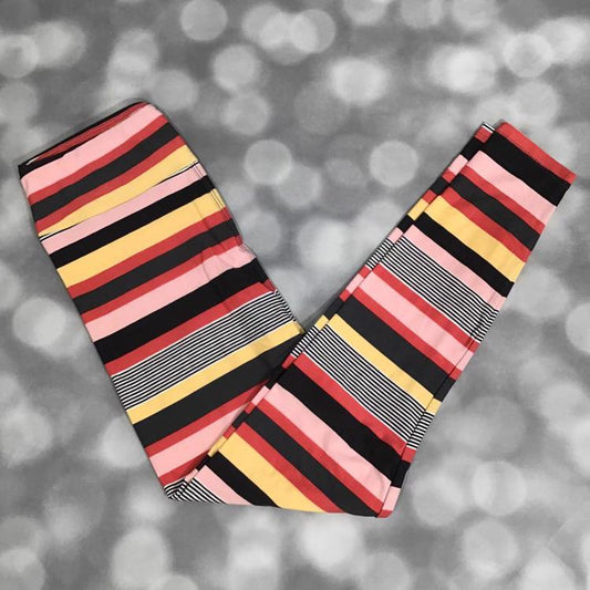 LuLaRoe leggings with bold pink, red, yellow, black stripes and pinstripe accents in buttery-soft Brushed DTY fabric