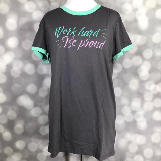 Front view of mannequin wearing LuLaRoe Liv Tee in gray with mint trim and Work Hard Be Proud graphic text across the chest