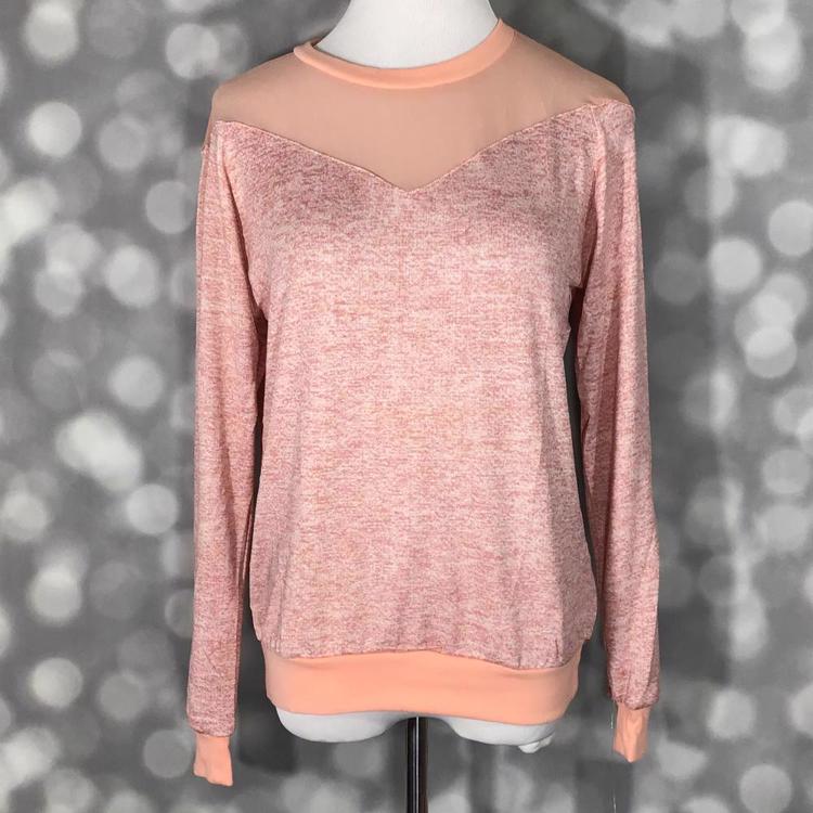 LuLaRoe Lizzy Sweater in heathered pink with blush mesh yoke, ribbed trim, and lightweight hacci fabric