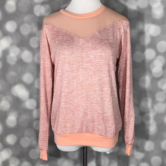 LuLaRoe Lizzy Sweater in heathered pink with blush mesh yoke, ribbed trim, and lightweight hacci fabric