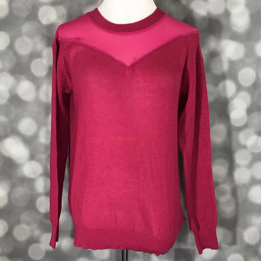 LuLaRoe Lizzy Sweater in solid fuchsia with matching mesh yoke, ribbed trim, and lightweight sweater knit fabric