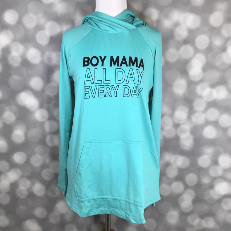 LuLaRoe Amber hoodie in aqua with “Boy Mama All Day Every Day” text, long sleeves, hooded neckline, and front kangaroo pocket