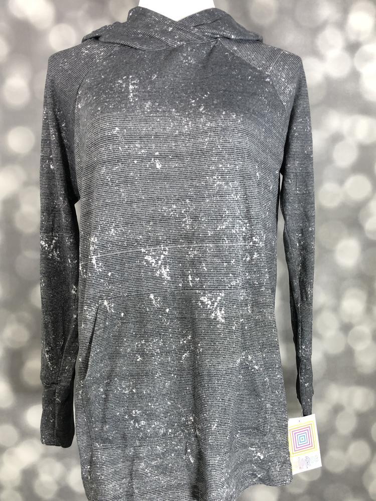 LuLaRoe Amber hoodie in charcoal gray with white static speckle pattern, long sleeves, soft drape, and relaxed fit displayed on mannequin