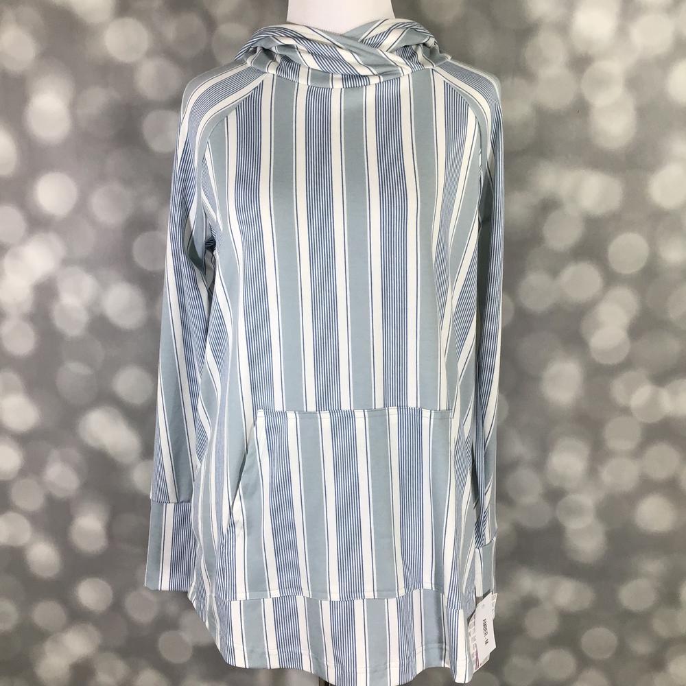 LuLaRoe Amber hoodie in Coastal Pinstripe Blue featuring vertical blue and white stripes, long sleeves, front kangaroo pocket, and relaxed fit.
