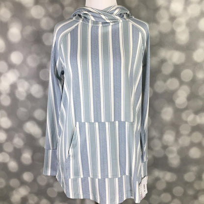 LuLaRoe Amber hoodie in Coastal Pinstripe Blue featuring vertical blue and white stripes, long sleeves, front kangaroo pocket, and relaxed fit.
