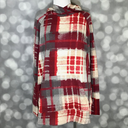 LuLaRoe Amber Hoodie in Crimson Heritage Plaid with red, cream, and gray plaid pattern, hood and kangaroo pocket, front view on a mannequin against a blurred gray background