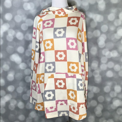 LuLaRoe Amber Hoodie Retro Petal Checker with ivory background and checkerboard floral squares in rust, mustard, pink, and gray, showing long sleeves, hood, and kangaroo pocket with front view on a mannequin with a gray background