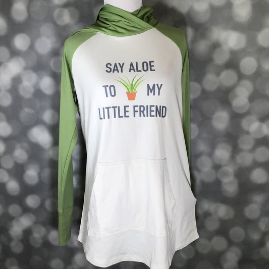 LuLaRoe Amber hoodie in white with sage green sleeves featuring “Say Aloe to My Little Friend” graphic and front kangaroo pocket