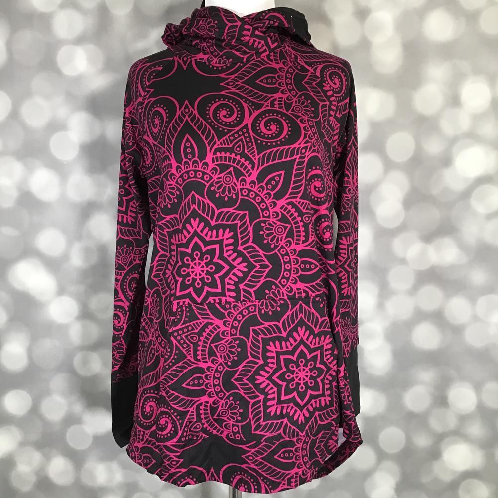 LuLaRoe Amber Lightweight Hoodie in black with an oversized fuchsia pink floral mandala print