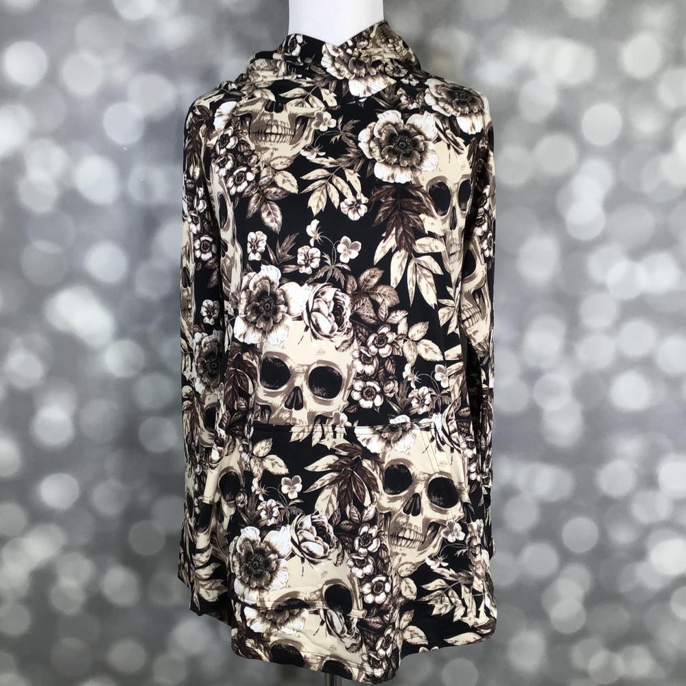 LuLaRoe Amber Lightweight Hoodie in a black, ivory and taupe skull and floral print