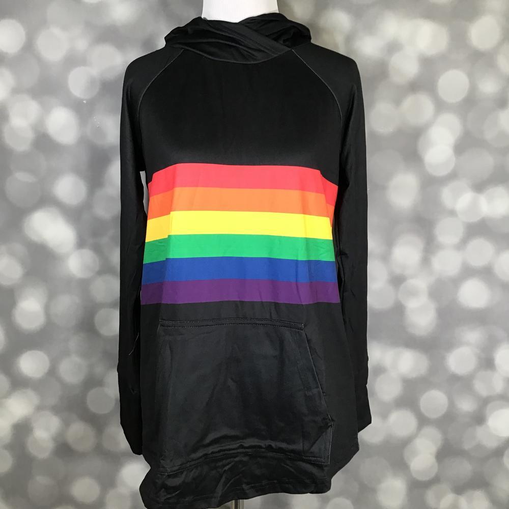 LuLaRoe Amber Lightweight Hoodie in black with a bold rainbow colorblock stripe across the front