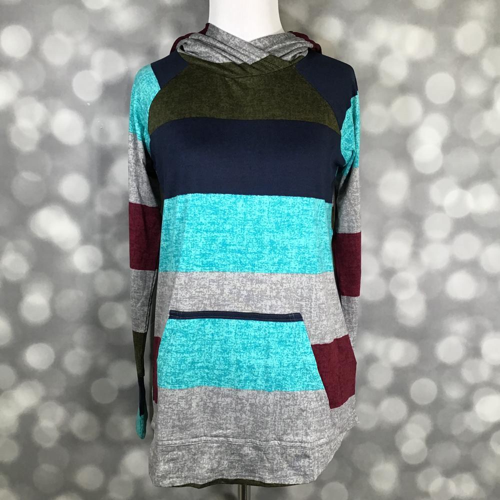 LuLaRoe Amber Lightweight Hoodie in black, turquoise, gray and burgundy colorblock panels