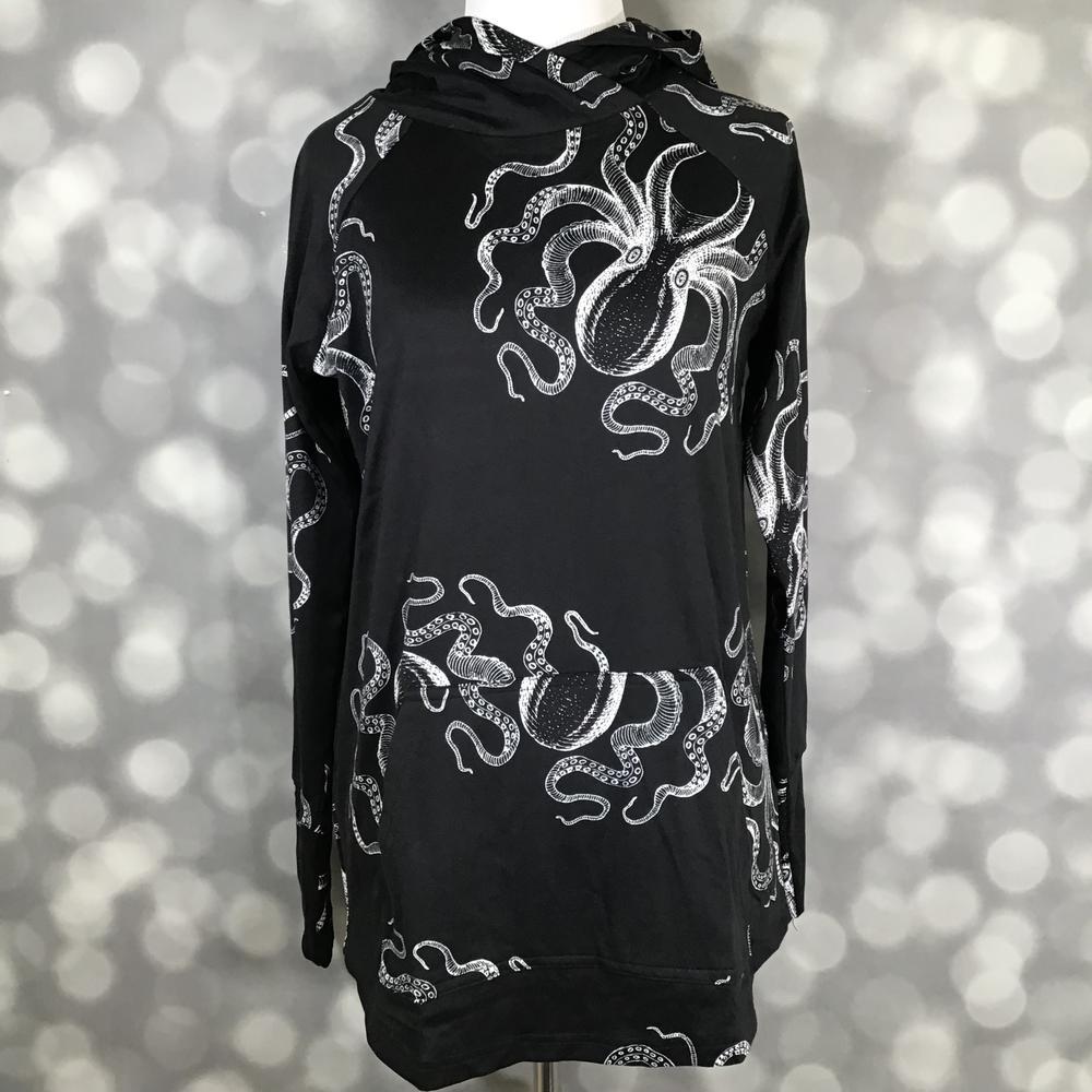LuLaRoe Amber Lightweight Hoodie in black with white illustrated octopus graphics