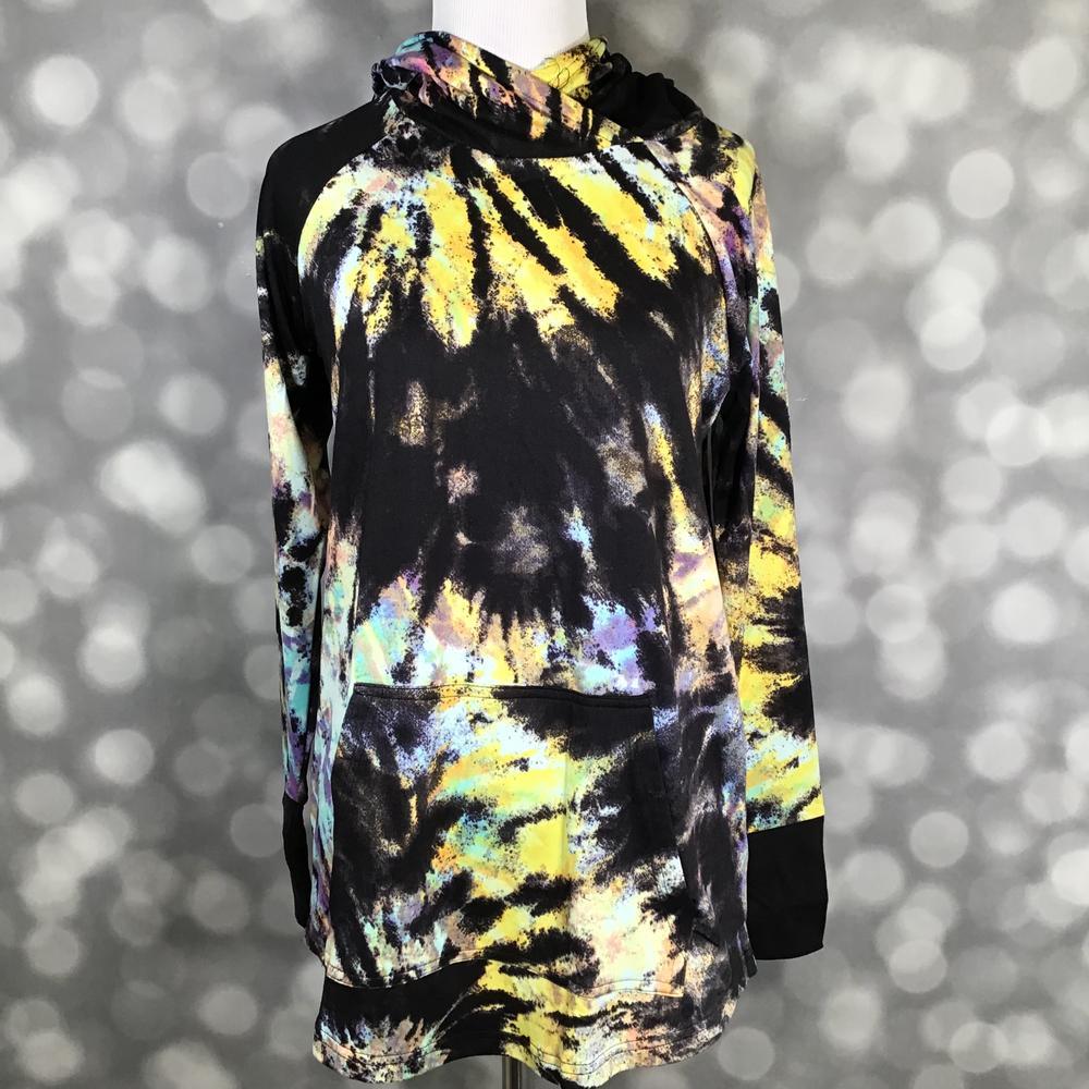 LuLaRoe Amber Lightweight Hoodie in a black, yellow, mint and lavender abstract tie-dye print
