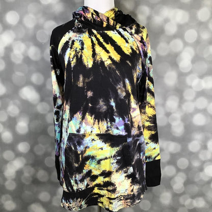 LuLaRoe Amber Lightweight Hoodie in a black, yellow, mint and lavender abstract tie-dye print