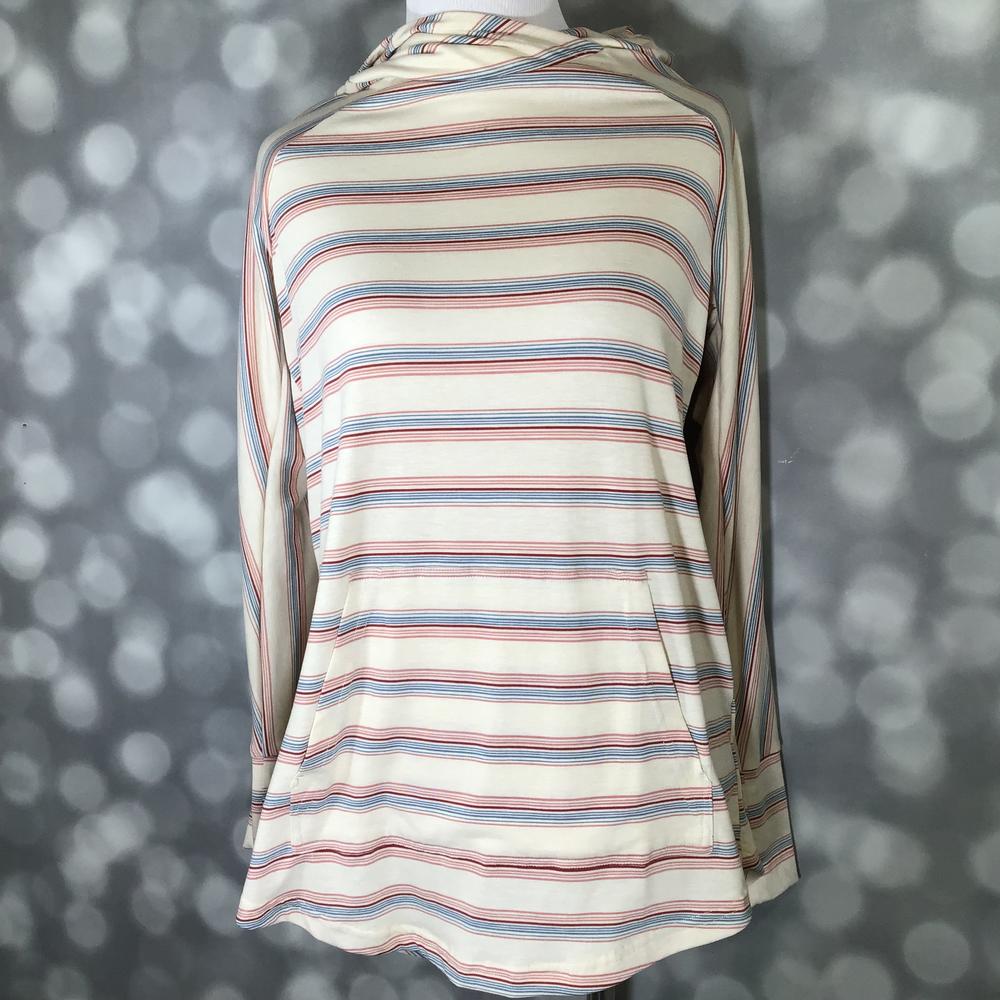 LuLaRoe Amber Lightweight Hoodie in an ivory, dusty blue and rust horizontal multi-stripe print