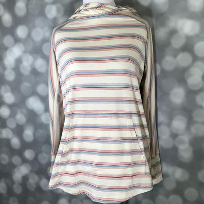 LuLaRoe Amber Lightweight Hoodie in an ivory, dusty blue and rust horizontal multi-stripe print