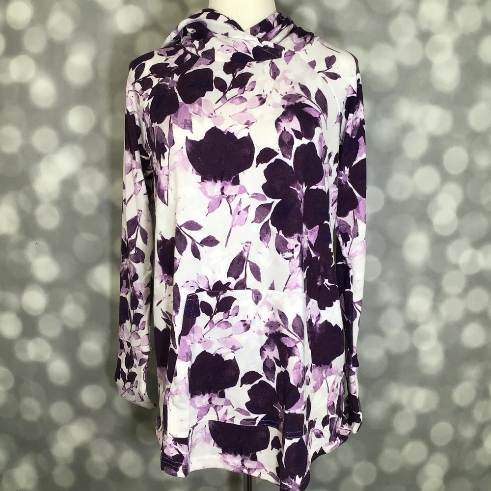 LuLaRoe Amber Lightweight Hoodie in an ivory, plum and lavender watercolor floral print