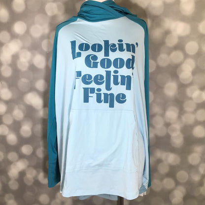 LuLaRoe Amber Lightweight Hoodie in light blue and teal with a Lookin’ Good Feelin’ Fine graphic