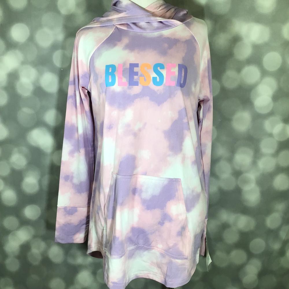 LuLaRoe Amber Lightweight Hoodie in pastel lavender, blush and mint tie-dye with a colorful Blessed graphic