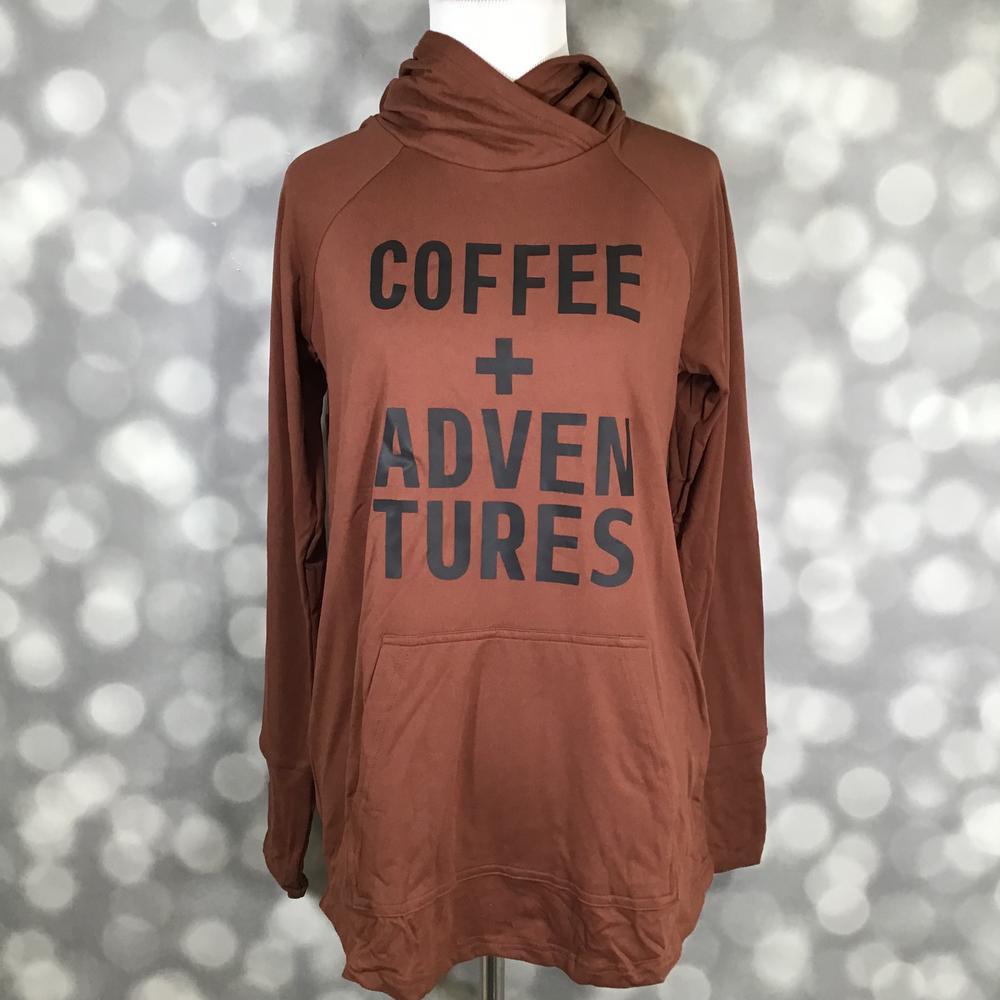 LuLaRoe Amber Lightweight Hoodie in rust brown with a black Coffee and Adventures graphic