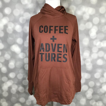 LuLaRoe Amber Lightweight Hoodie in rust brown with a black Coffee and Adventures graphic