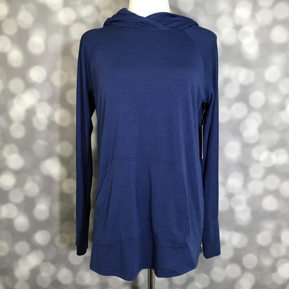 LuLaRoe Amber Lightweight Hoodie in solid navy blue with raglan sleeves and a kangaroo pocket