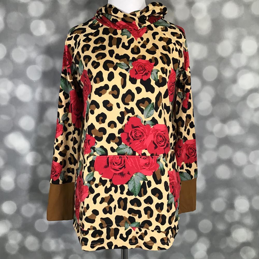 LuLaRoe Amber Lightweight Hoodie in a tan and black leopard print with bold red roses and green leaves