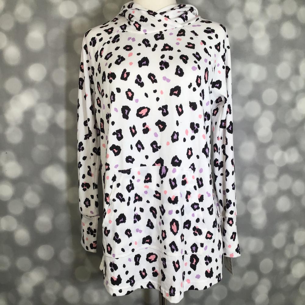 LuLaRoe Amber Lightweight Hoodie in white with black mini leopard spots and blush and lavender accents