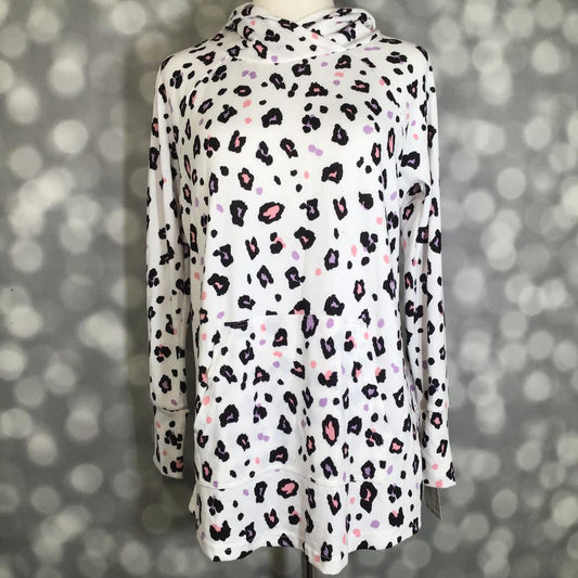 LuLaRoe Amber Lightweight Hoodie in white with black mini leopard spots and blush and lavender accents