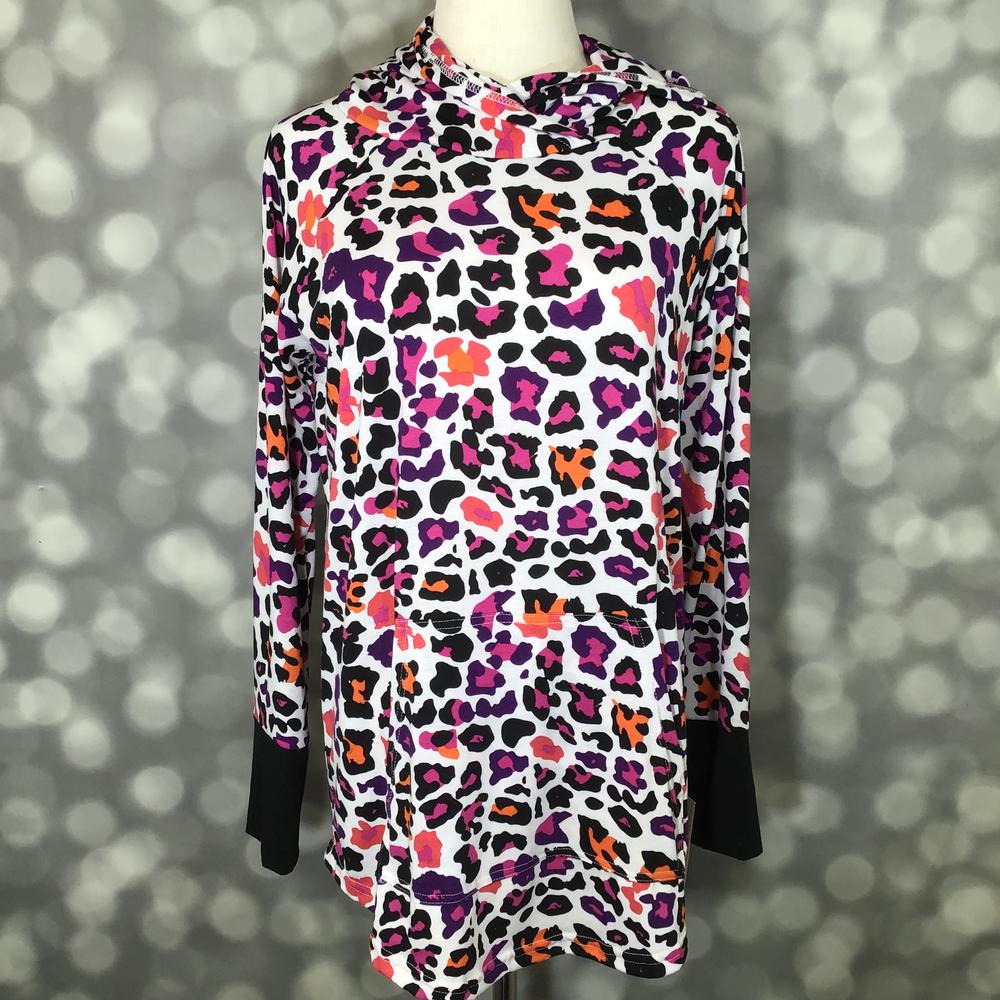 LuLaRoe Amber Lightweight Hoodie in a white and black leopard print with fuchsia, purple and orange accents